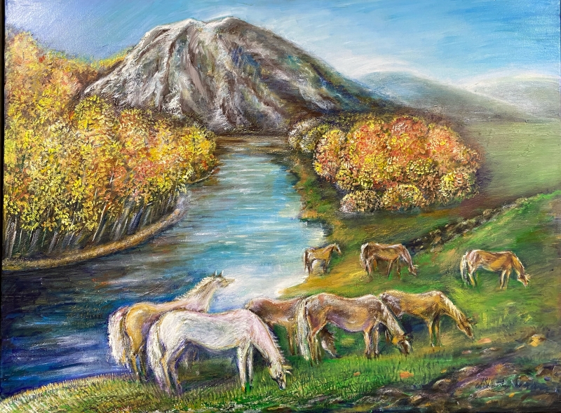 Horses by the water by artist Anastasia Shimanskaya